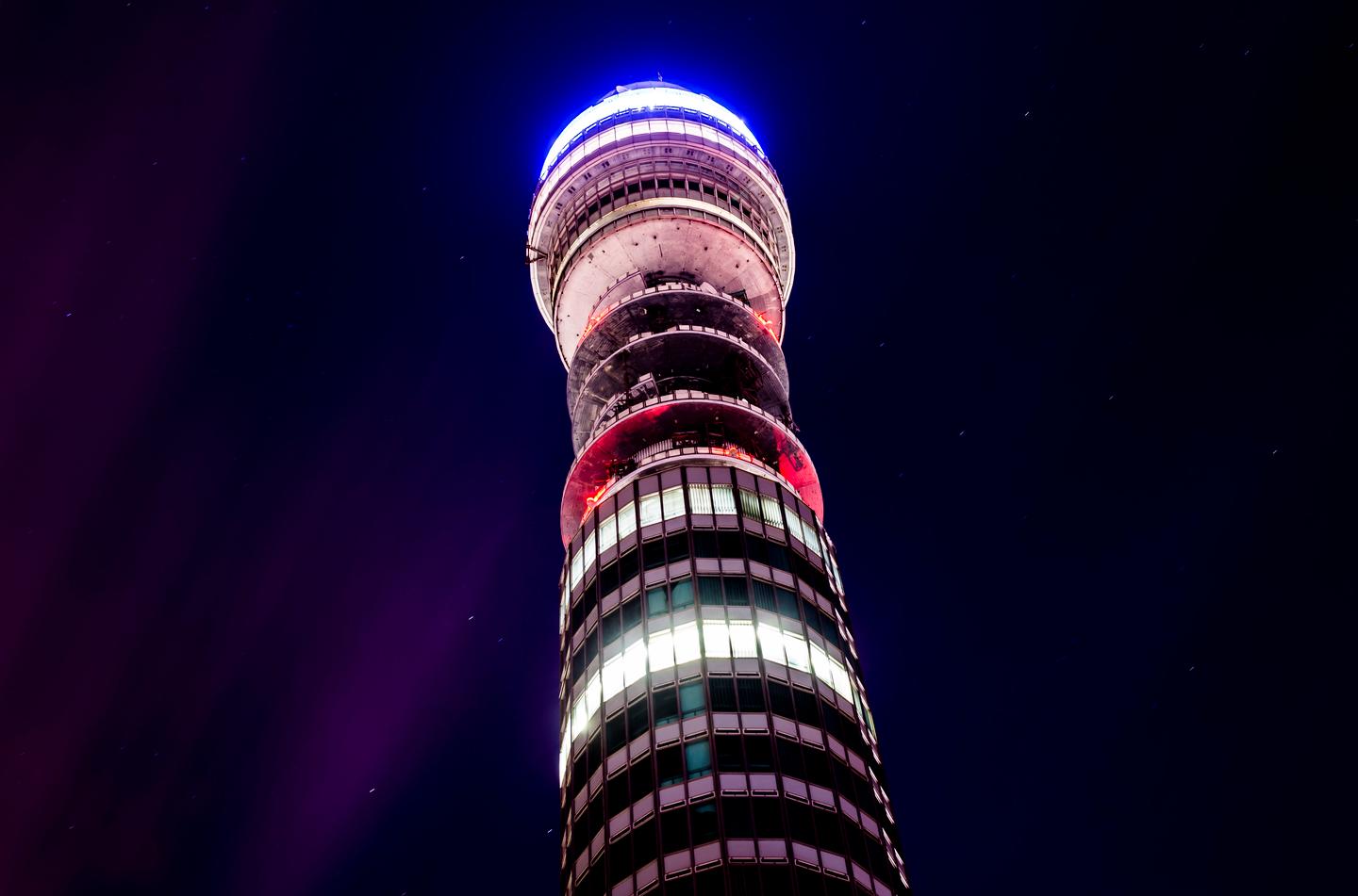 The BT Tower becomes a multicolored beacon at night
