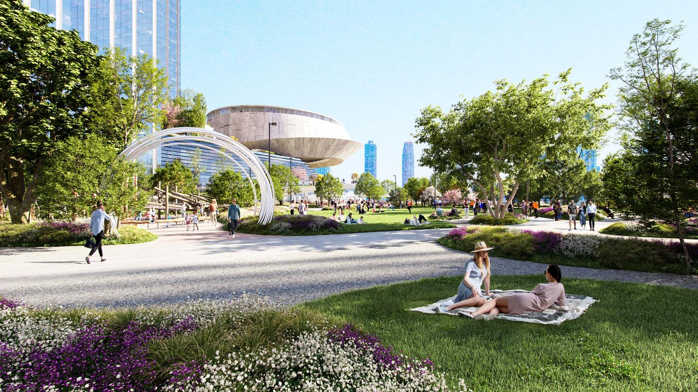 Freedom Plaza will create large new public park areas, including an event lawn, children's areas, and a dog park
