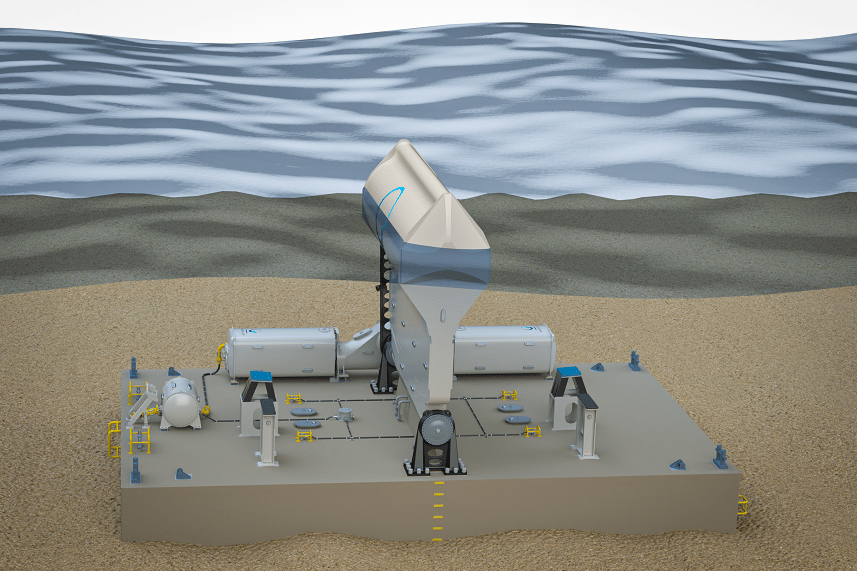 The WaveRoller sits on the sea floor, partially or fully submerged, harnessing the surge effect caused by waves as they approach the shore