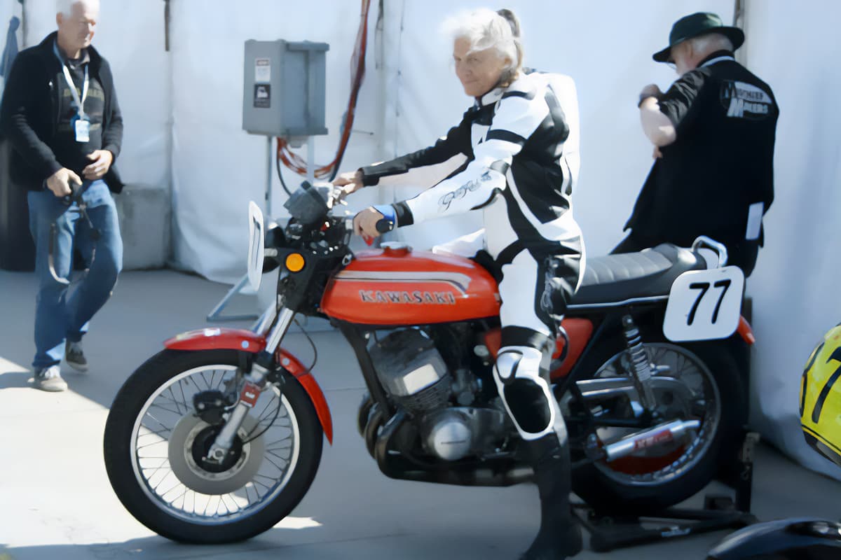 My favourite pic of Australian Peggy Hyde, who terrorized racetracks from Queensland to Tasmania during the 1970s on her daily commuter Kawasaki 500cc H1. If you haven't heard of Peggy, Jim Scaysbrook's OldBike Magazine captured her perfectly: "Unfazed by reputations, officialdom, or rules, Peggy Hyde showed that gender is no limiting factor in motorcycle racing." That's Peggy warming up a highly modified H2 at the Phillip Island International Classic meeting in 2015 - she was in her seventies when this pic was taken. Check the look on her face!
