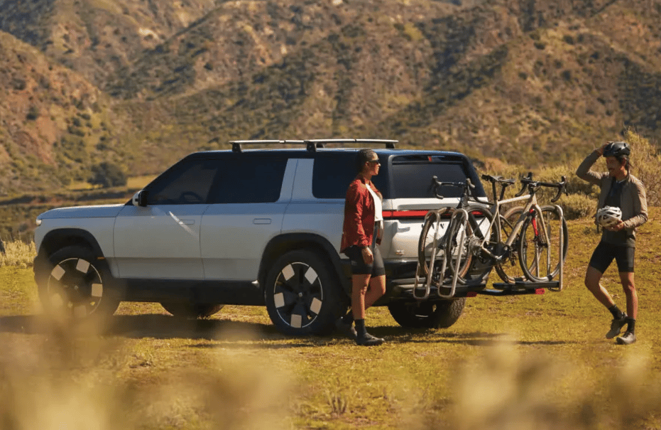 Rivian plans snap-in accessories, including a bike rack, for use with the slots in the R2 frame