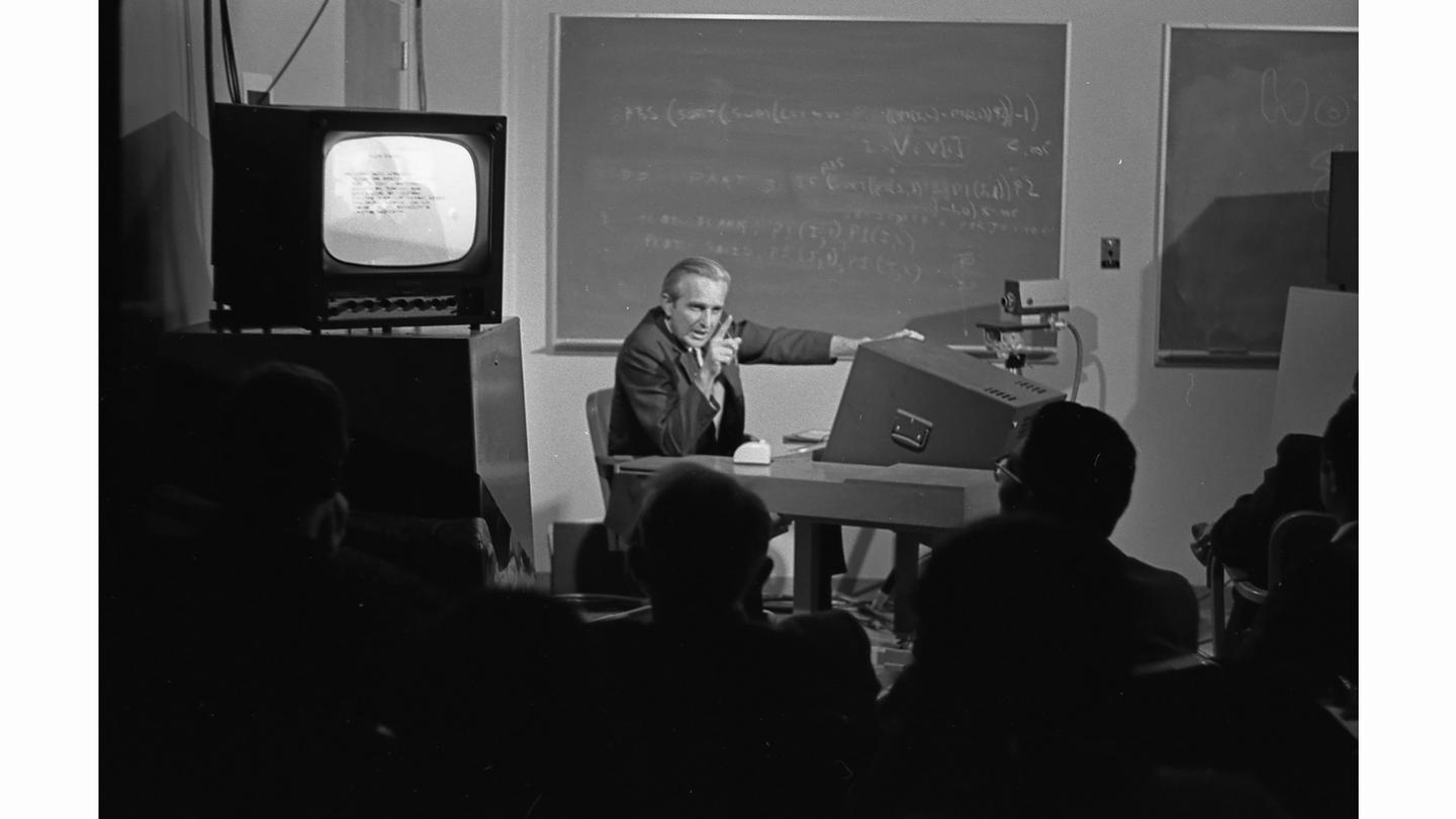 Douglas Engelbart during "The Mother of All Demos" in 1968. This was the world's first sighting of the computer mouse, which was one of the approximately 25 believed to have survived of the first prototype. (Image: SRI International)