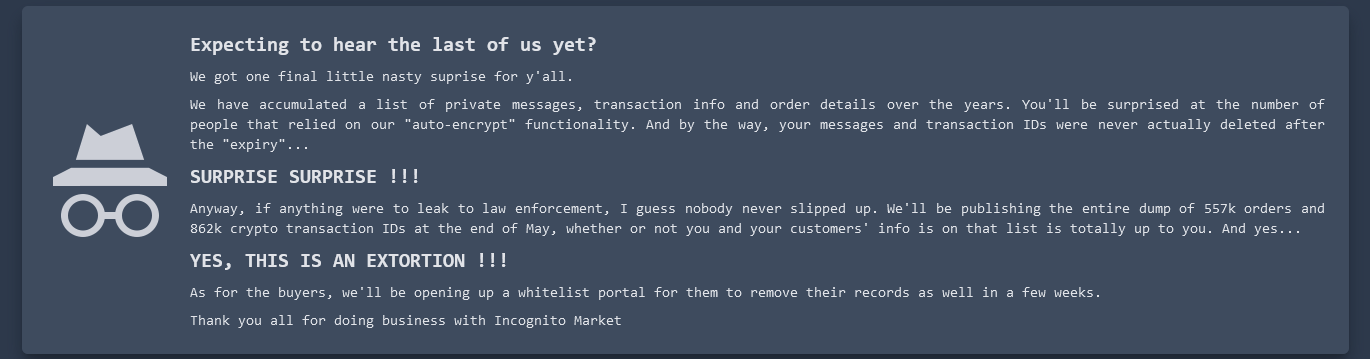 Incognito Darknet Market Mass-Extorts Buyers, Sellers