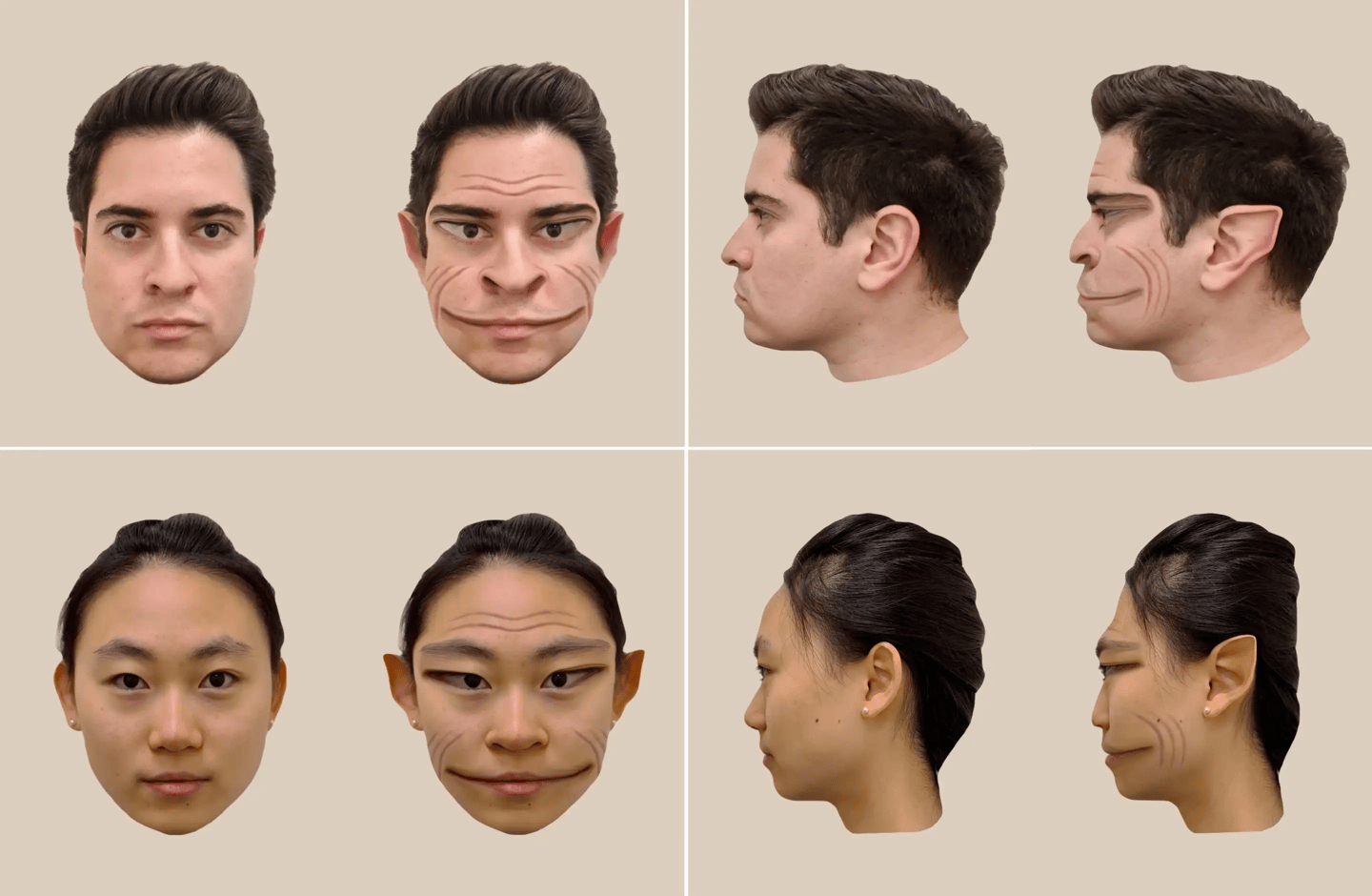 The faces on the right are computer manipulated versions of those on the right, verified by the PMO patient that that's how he sees faces in real life