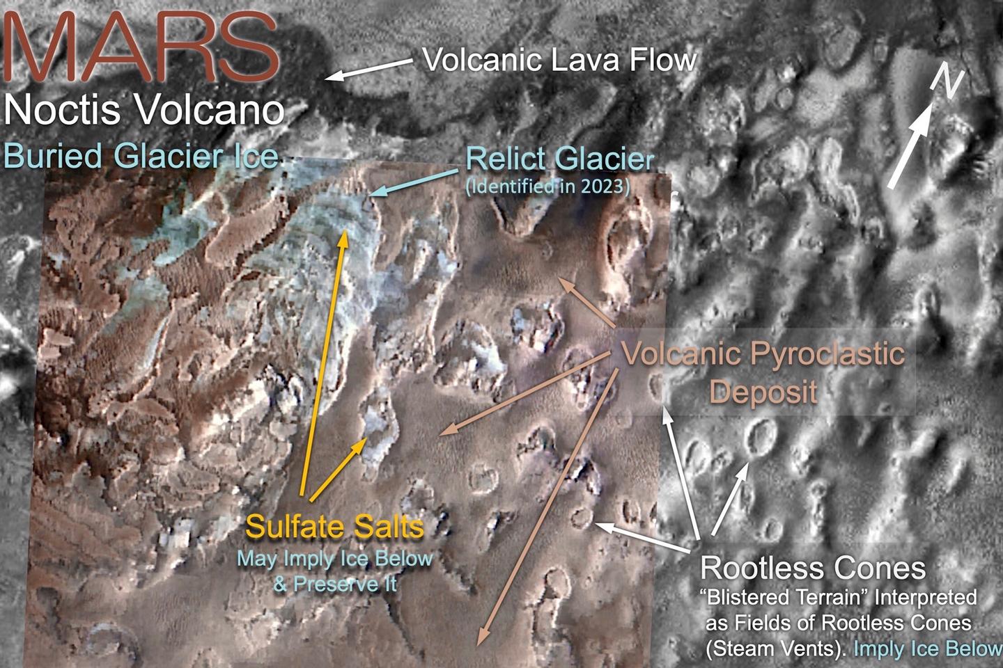 The glacial ice is likely buried near the base of the Noctis Volcano as shown here