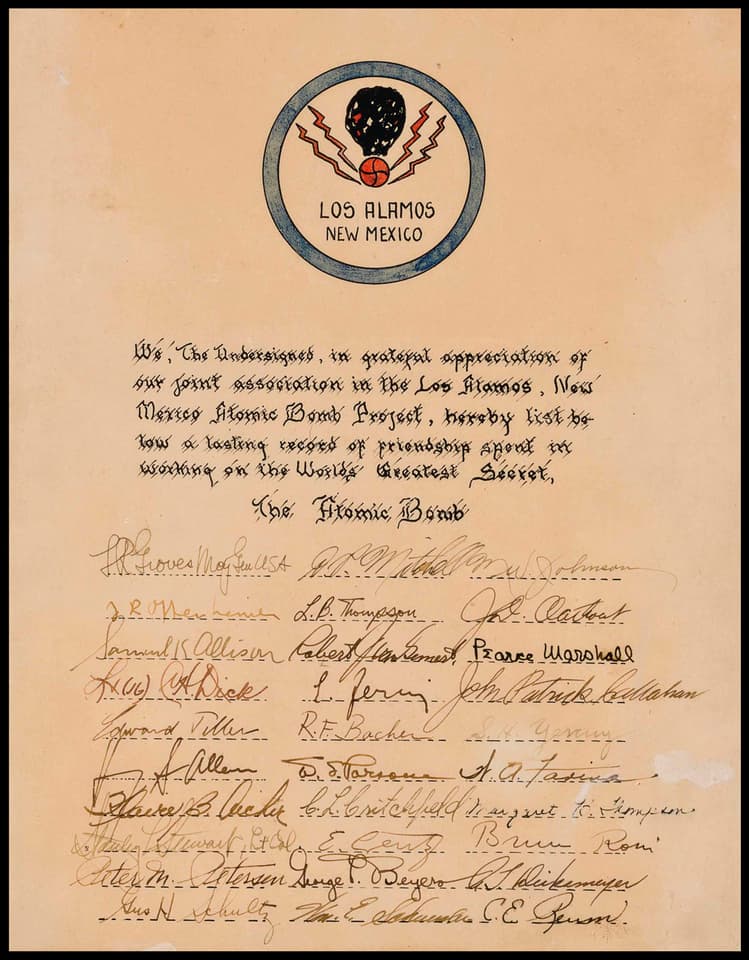 The last time anything even remotely like this lot went to auction was a decade ago (19 Jun 2014) when a quarto-sized card that had been signed by 30 people from the "Los Alamos New Mexico Atomic Bomb Project" went to auction at Christie's from the celebrated Forbes Collection. Malcolm Forbes (best known as the publisher of Forbes magazine) was exceptionally good at picking winners, so despite an official Christie's expectation of US$3,000 to $5,000, the card sold for $161,000.