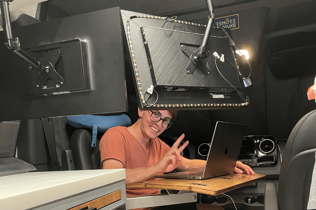 Adjustable monitor mounts secured to tie-down rails make for a serious mobile computer system for remote work