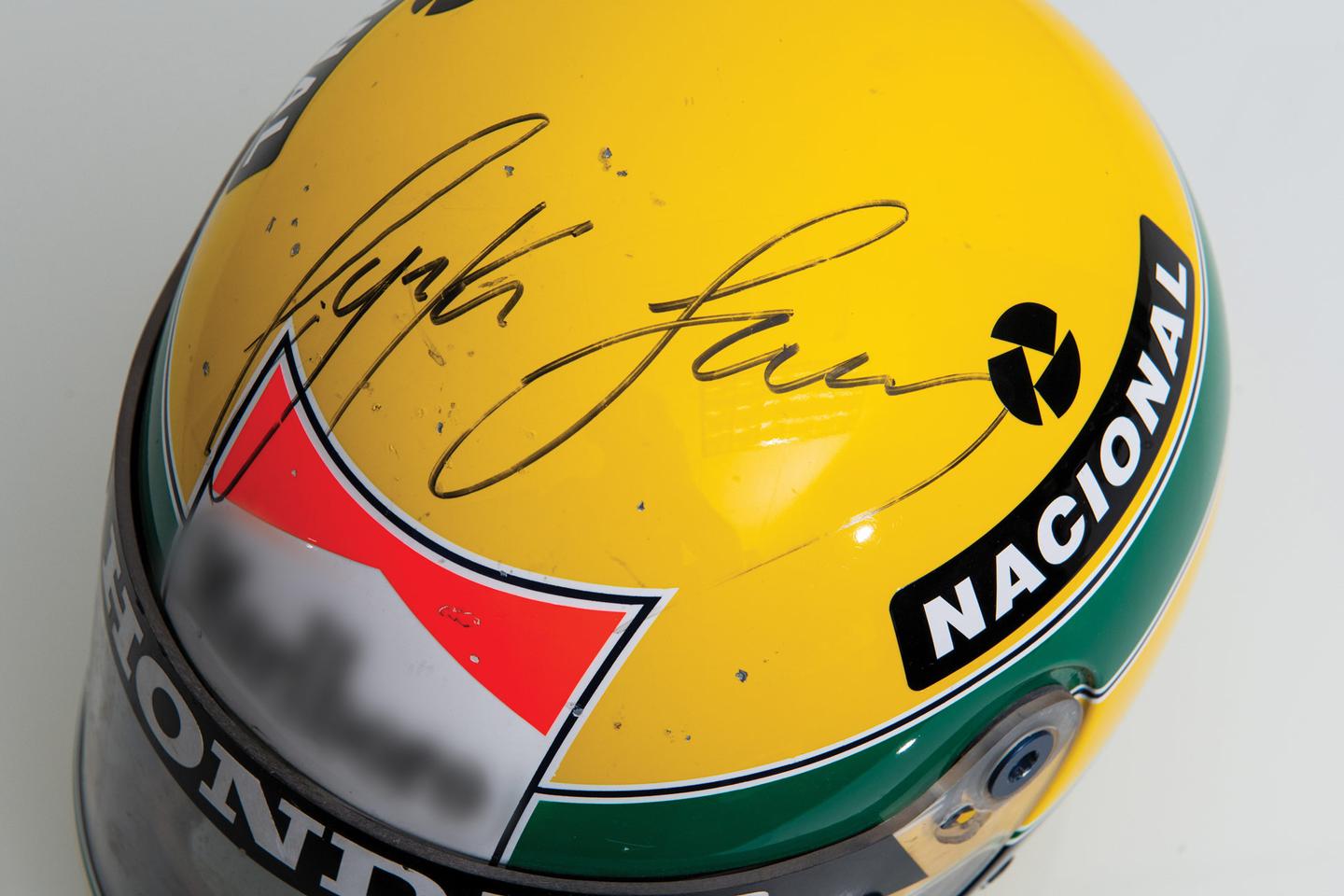 A helmet worn by Ayrton Senna during the legendary 1988 season when the two fastest drivers were paired in the fastest car. Senna won eight Grands Prix, Prost seven, missing his fifth title by a handful of points after countback. There were 16 races - in motorsport you can't win them all, but that season McLaren came very close.