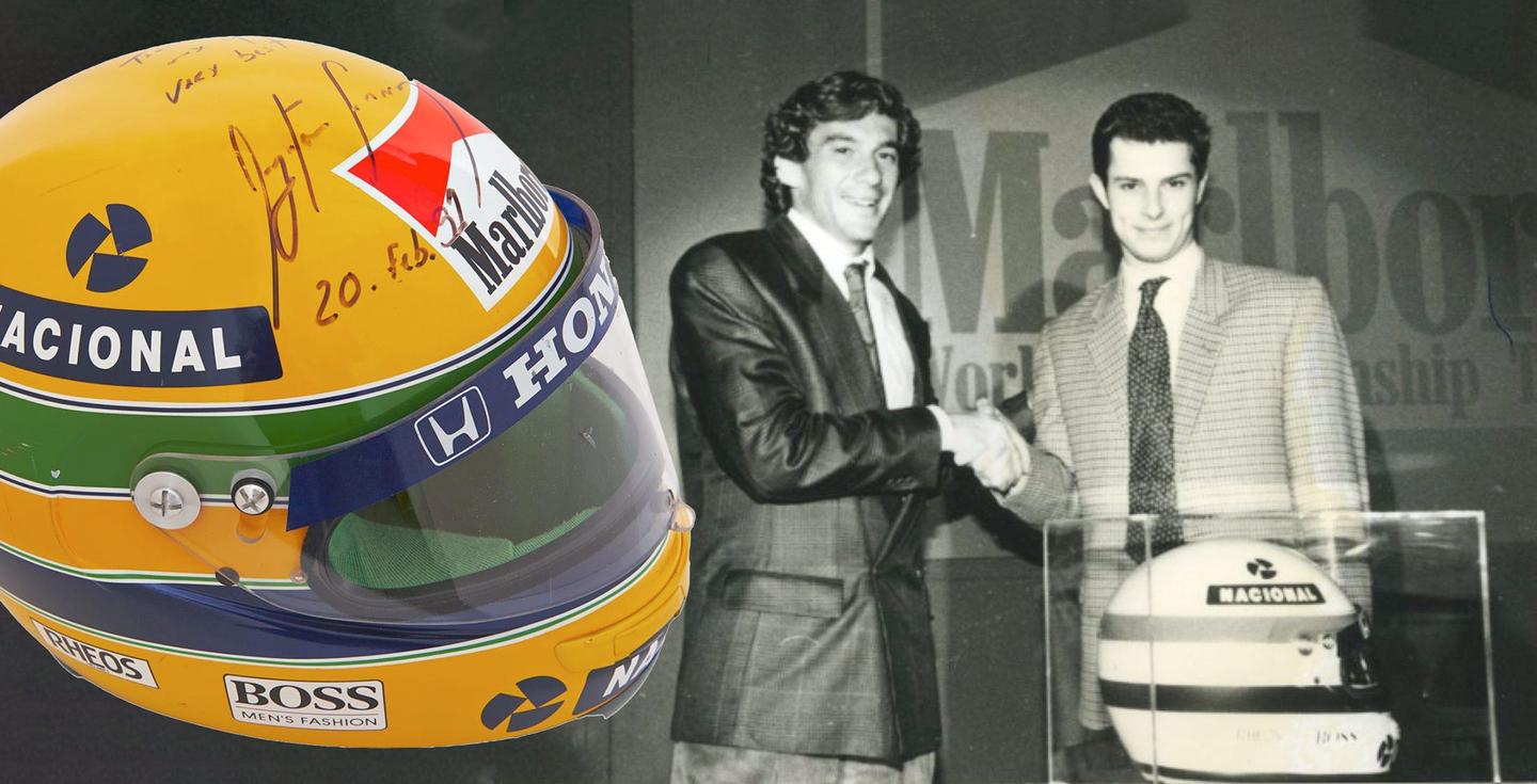 This helmet was the prototype designed by Rheos and Senna for his future helmets in 1990, so it's pretty special, and has an unbroken chain of provenance before and after that photograph being taken at a Philip Morris / McLaren team party on 20 February 1991