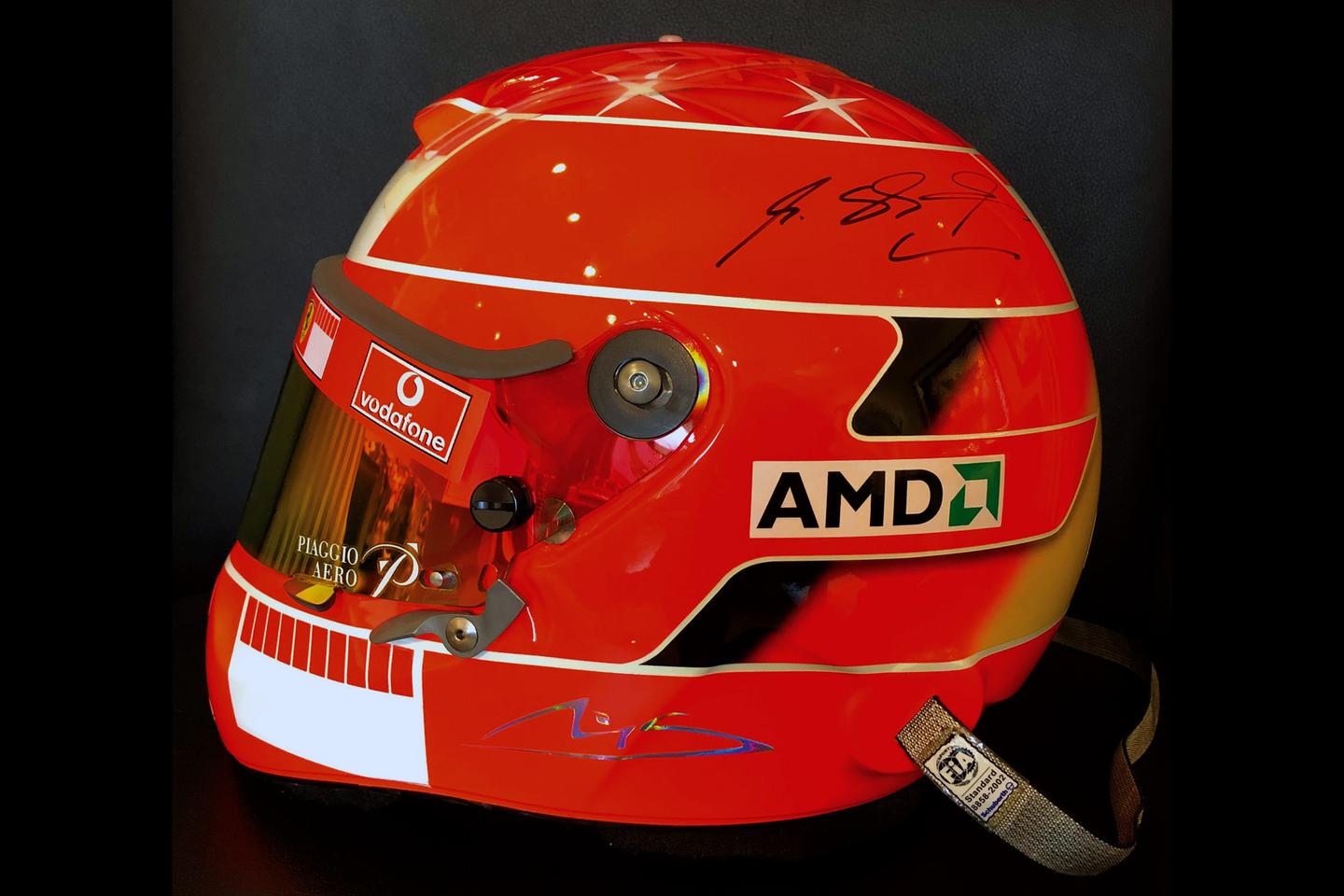 2004 was the final year of the Schumacher/Ferrari years of F1 dominance, and the year Michael won his seventh and final world championship with Ferrari. Hence this helmet didn't reach the price heights of his championship and race-winning helmets.