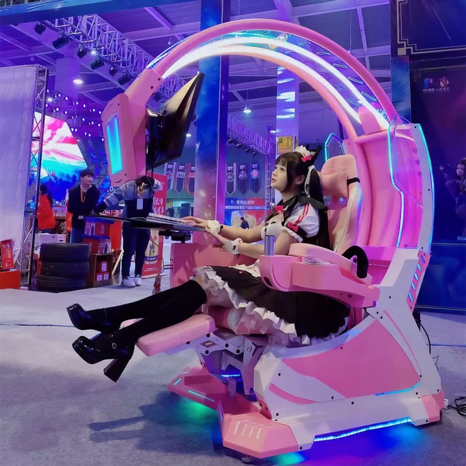 The Gimi Cockpit C4X Zero Gravity Reclining Workstation is sold primarily as a computer gaming chair for girls with adjustable monitor distance and tilt angle and can support one 49" ultra wide monitor or two 32" monitors.