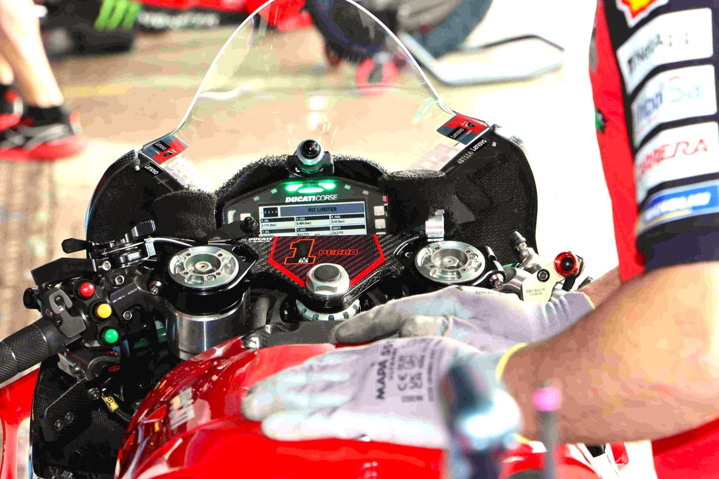 If you are a real-men-don't-need-rider-aids kinda guy, ponder the dashboard of Pecco Bagnia's 2024 Ducati Corse Desmosedici. Jorge Martin, Pedro Acosta and Marc Marquez also have to wrestle holeshot devices and ride-height control plus they have a bewildering array of torque/traction/engine-braking maps to flick through on the dashboard. The image comes from racer/writer/commentator Matt Oxley's Facebook page and his latest article focusses on all the technological wizardry currently in use by MotoGP riders.