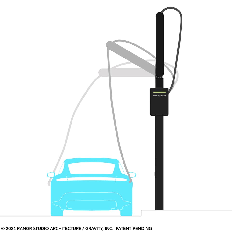 The charging cable is held above street level by a hinged swingarm, with the EV driver pulling it down to plug in and releasing it at the end of the fast-charge session for automatic retraction
