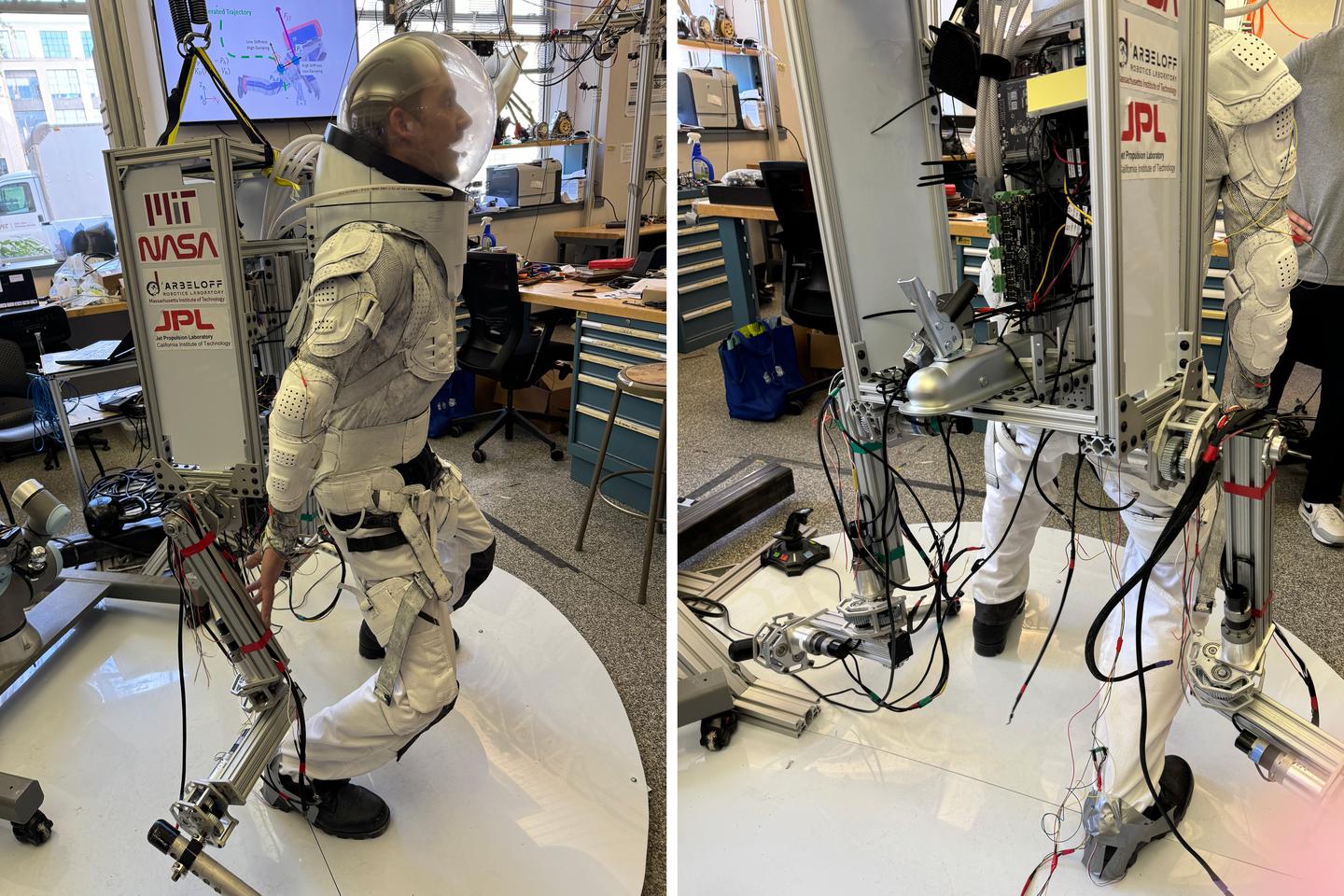 A mockup of a restrictive space suit, complete with SuperLimb attachments