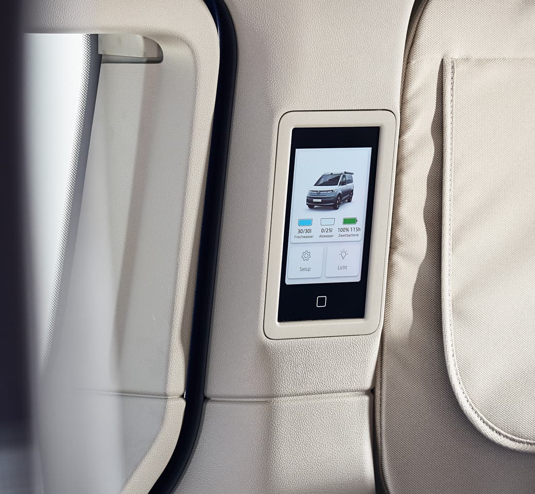 A tablet-style touchscreen brings smart camper control and monitoring to the living area and off the driver-area headliner where it was on the California 6.1