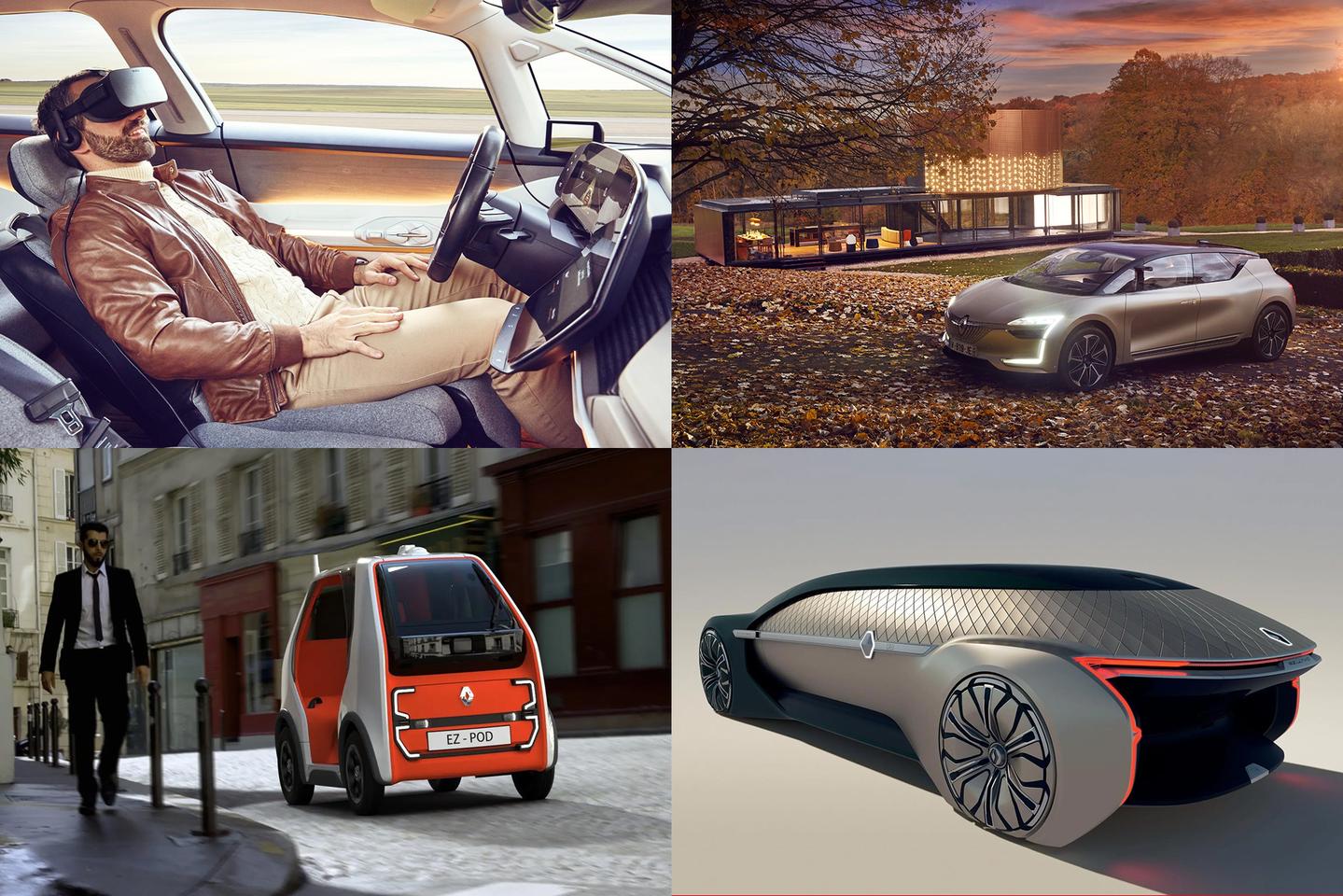 The Renault SYMBIOZ concept from 2017 (top two images) was illustrated with the driver using a VR headset, the EZ-ULTIMO concept from 2018 (bottom right), and the Renault EZ-POD Concept from 2019 (bottom left) all portrayed a world where Level 4 autonomy was available in consumer vehicles. Renault now plans to hold the line for consumer vehicles at Level 2 for the foreseeable future and concentrate its more advanced efforts on developing an electric, robotized, and pre-equipped miniBus platform that will host various automation solutions from specialist partners.