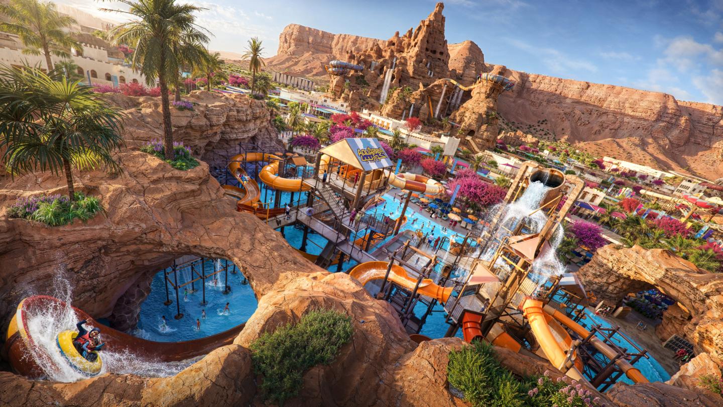 Aquarabia is described as the largest water park in the region and 1,690 m (roughly 5,545 ft) of slide has already been installed at the desert site