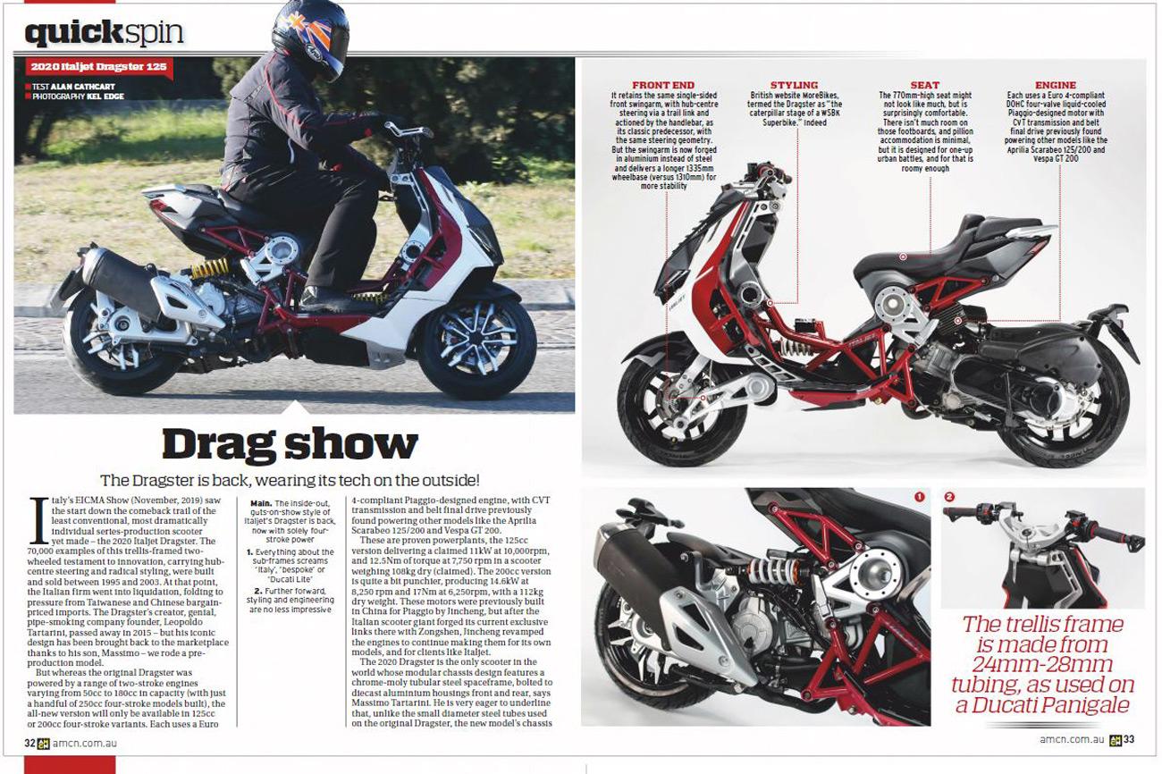 The world's best-known motorcycle road tester for the last half century has been Alan Cathcart. Alan's impressions of the Italjet Dragster are worth a read. He dubbed it, a "modern work of art on two wheels."