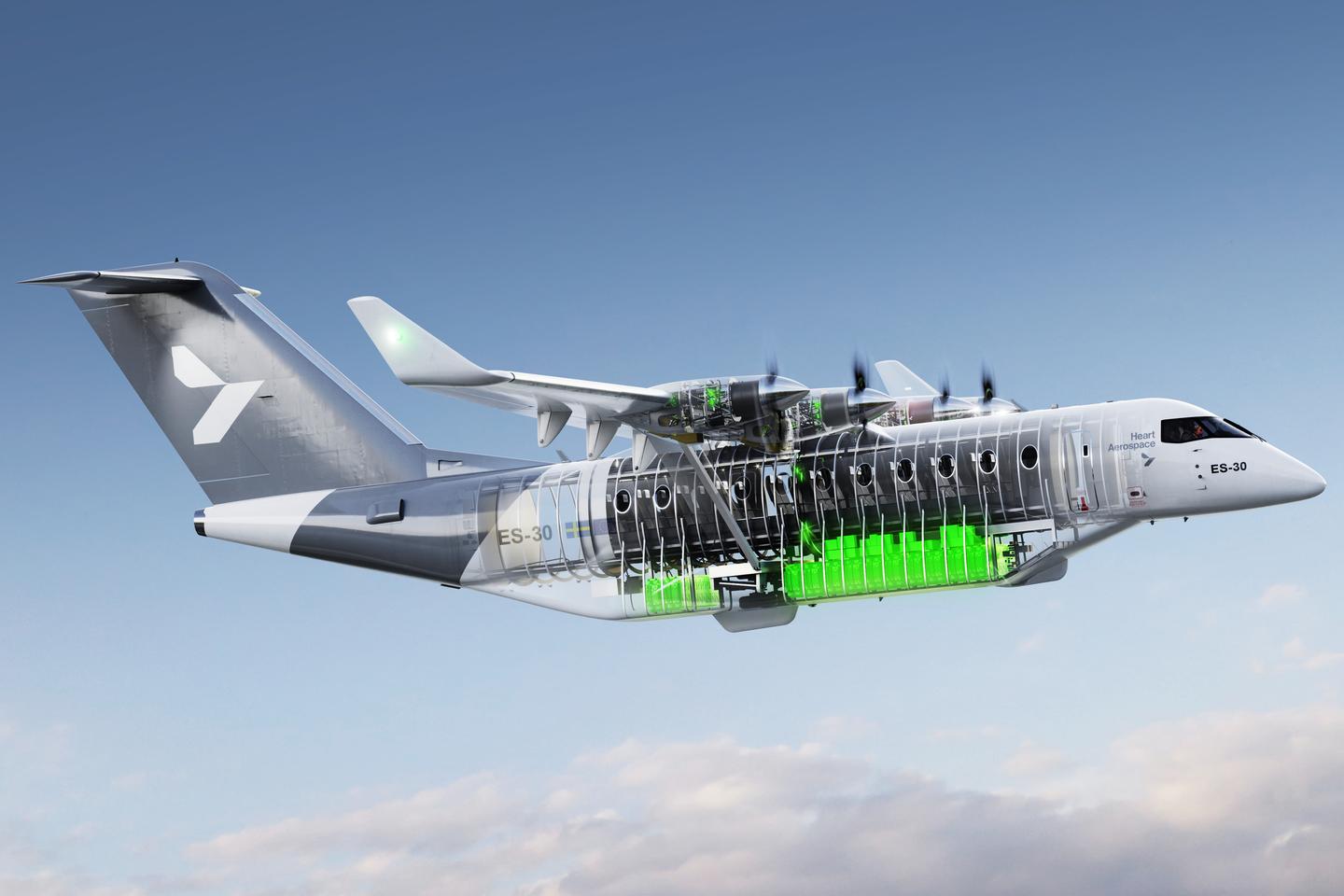 This X-ray image of an earlier version of the ES-30 shows the placement of the aircraft's batteries