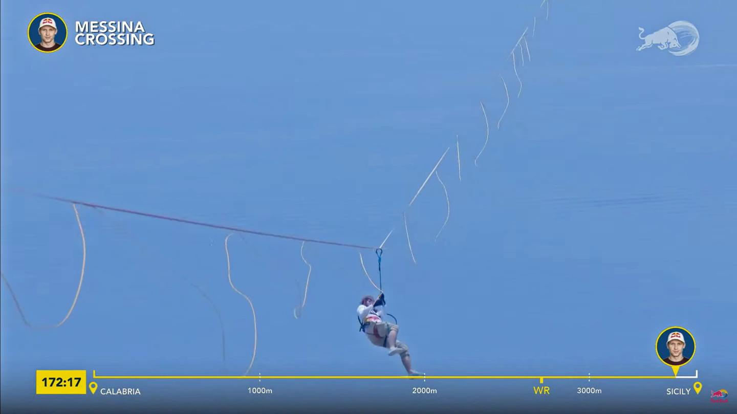 Jaan Roose falls on his world record slackline attempt from Italy to Sicily just before reaching the finish line