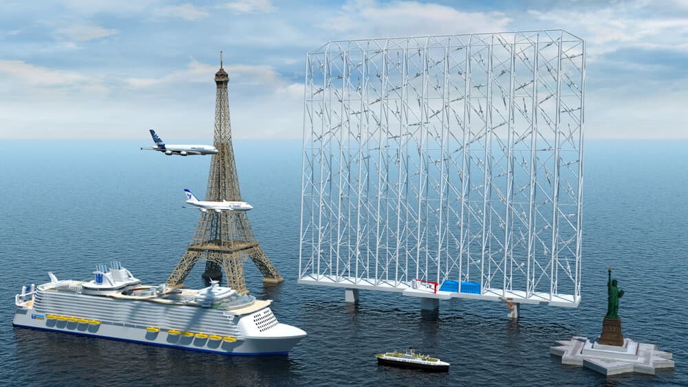 Windcatcher grid alongside the 1,063-ft-high Eiffel Tower and 305-ft-tall Statue of Liberty