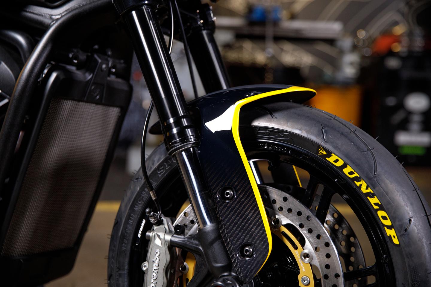 Chunky Brembo brakes on the end of FTR1200 forks