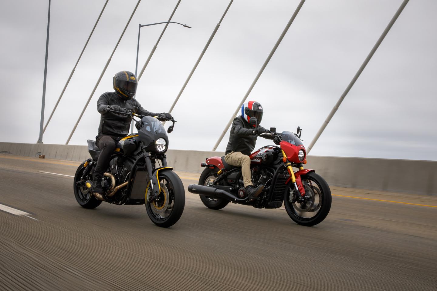Josh Dun (left) and Roland Sands take the custom Scout out to get a feel for it