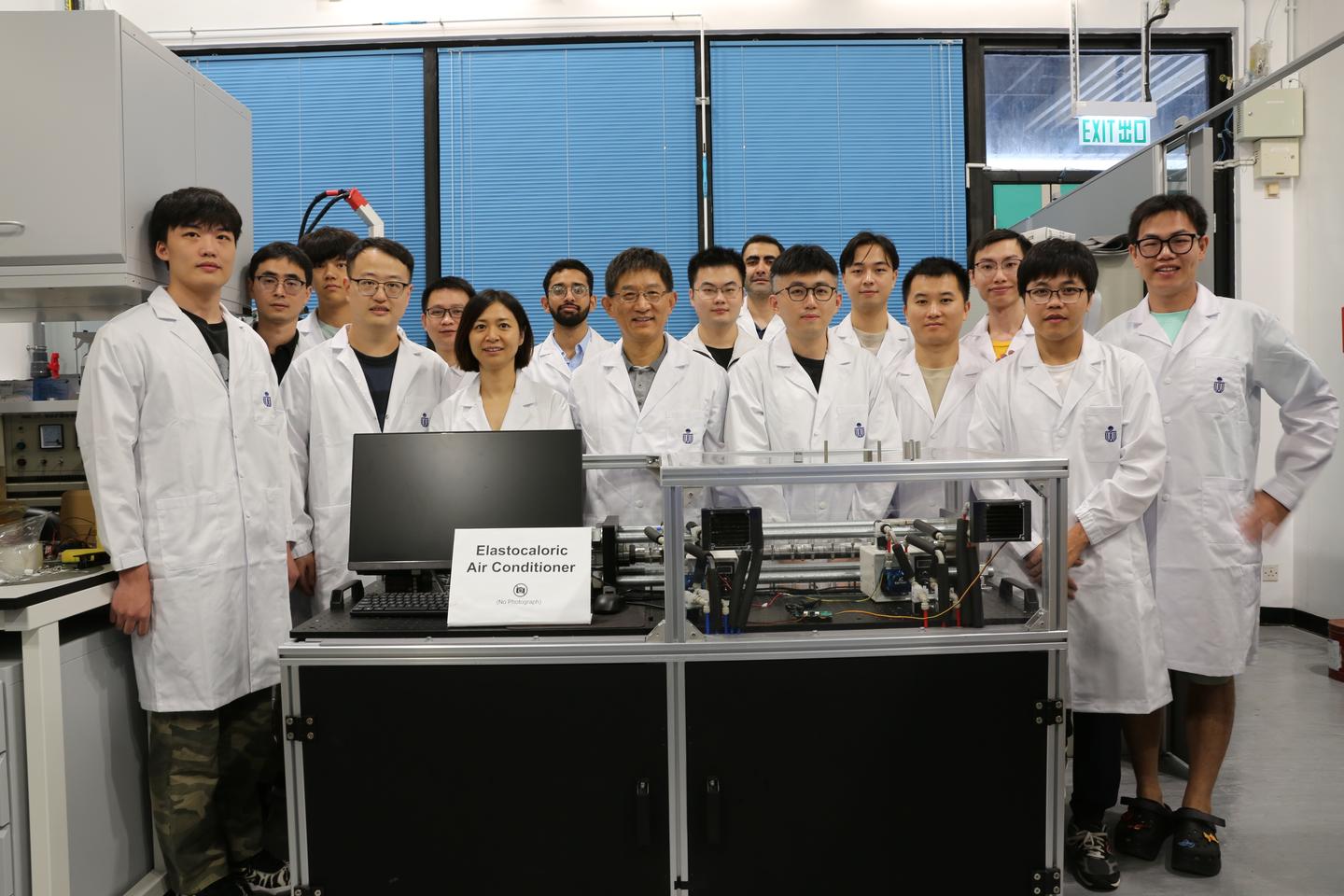 Researchers at HKUST with their efficient electrocaloric cooling device