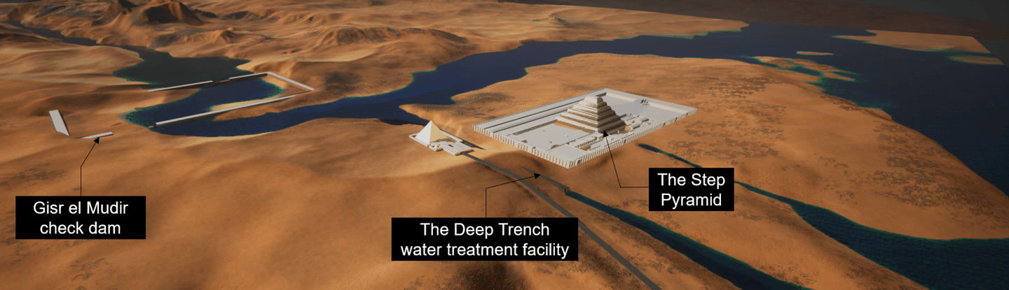 A rendering of the area around the Step Pyramid, showing where water may have flowed at the time
