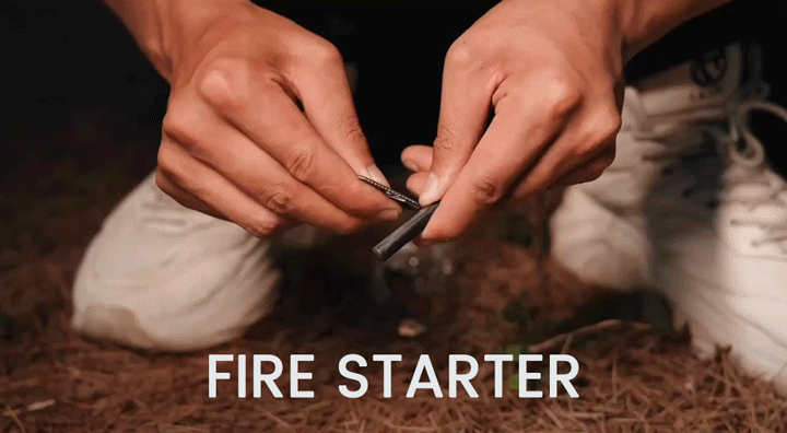 The firestarter consists of a striker on the tool and a separate ferro rod