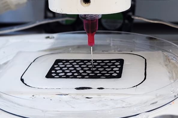 The ink instantly forms into a solid grid when extruded onto a salt-water-covered glass slide