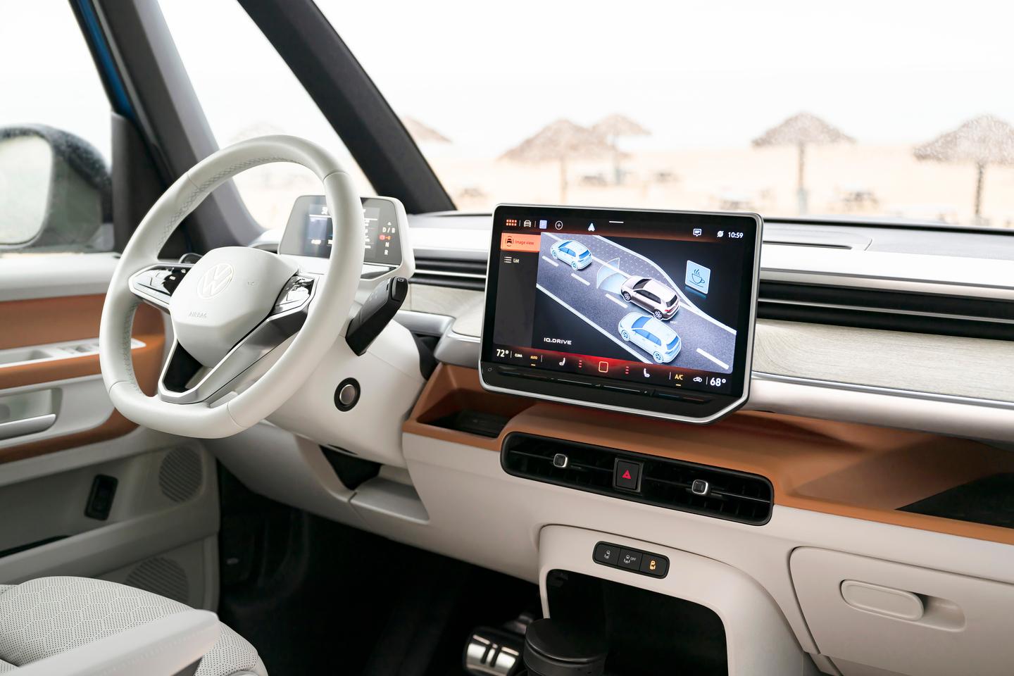 Shown here in a "Dune" interior, the VW ID. Buzz comes with a 12.9-in infotainment display