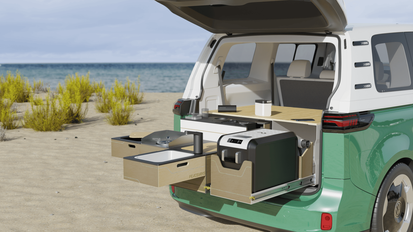 Available as a standalone purchase or as part of the Buzz Sleeper, Peace Vans' Buzz Box delivers refrigerated food storage, single-burner gas cooking and a dishwashing sink on a multi-slide layout