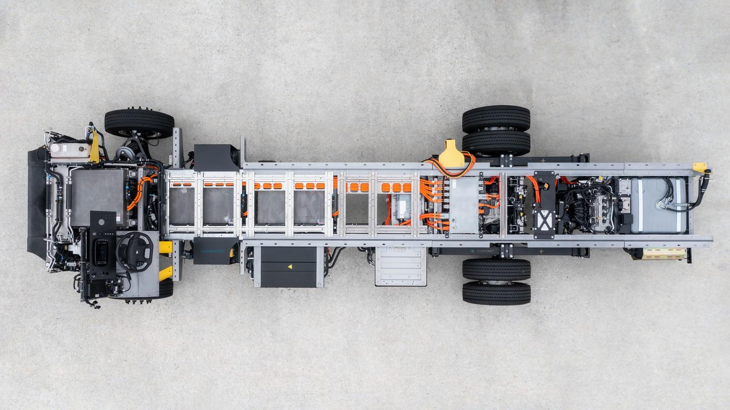 In addition to its 140-kWh battery-powered e-drive and gas engine-generator, the Harbinger-Thor chassis includes steer-by-wire, double-wishbone front suspension and driver-assistance tech