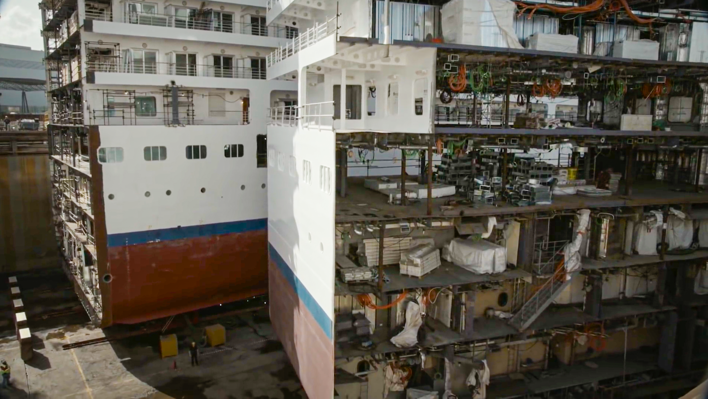 The new section slides in, complete with furniture and fittings that might otherwise be impossible to load on board