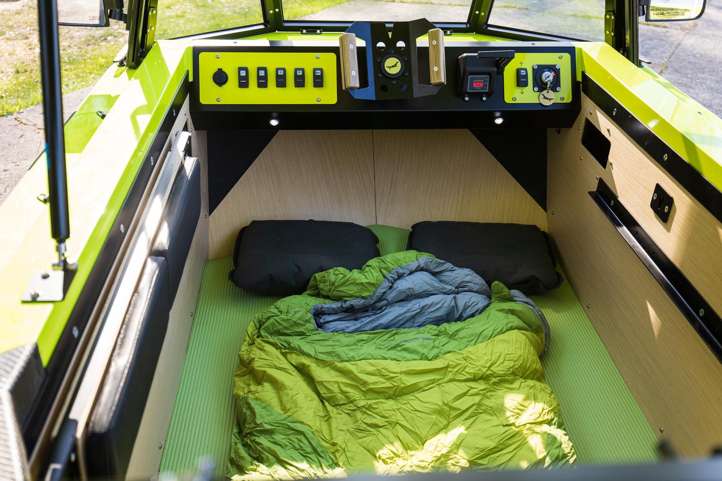 Getting late? Simply throw a camping mat down, curl into your sleeping bag and enjoy a level, sheltered night of sleep in you micro-camper