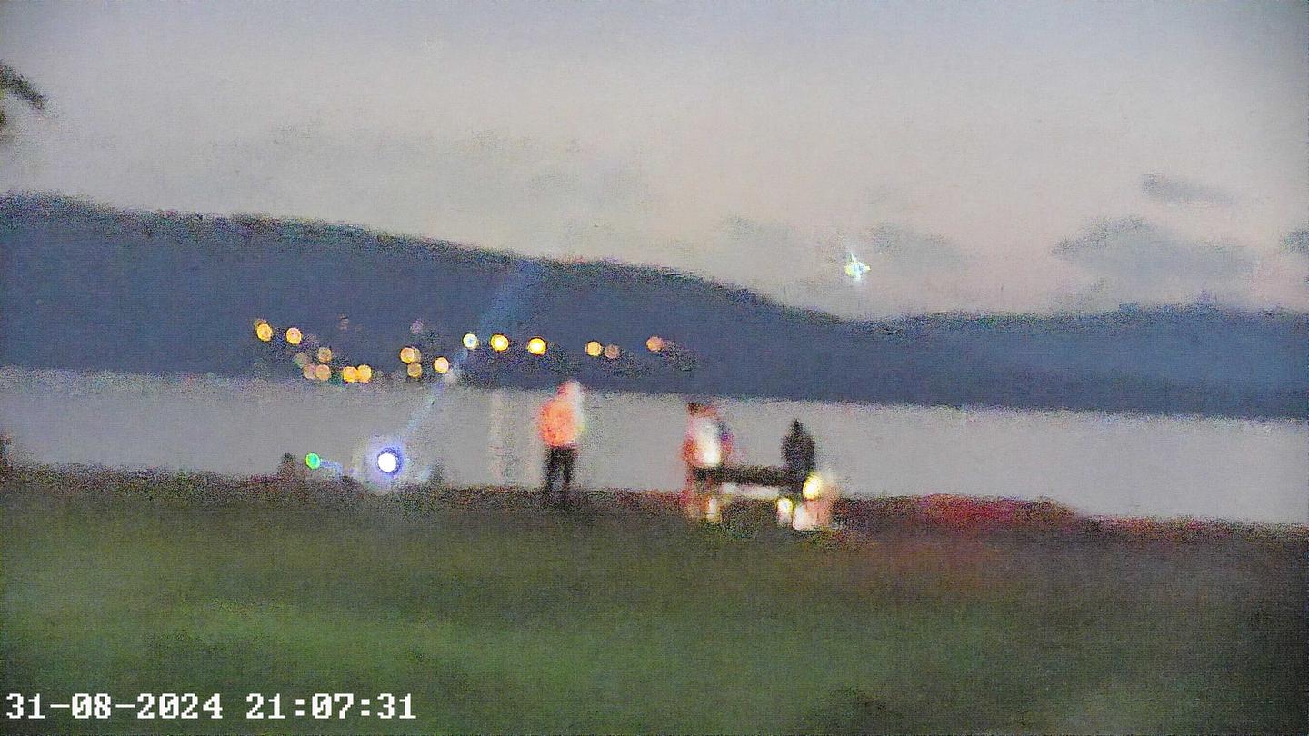 Zoom image of people in a dark seafront park with a torch beam visible