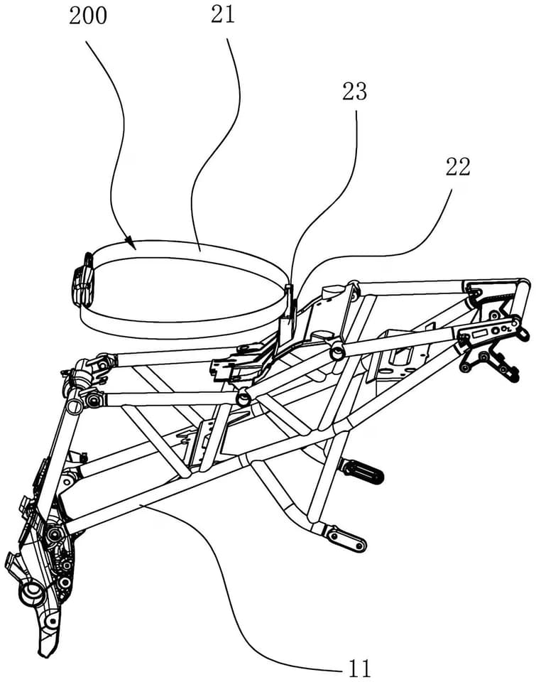 This iteration of the patent shows a fabric belt that wraps around the rider's waist