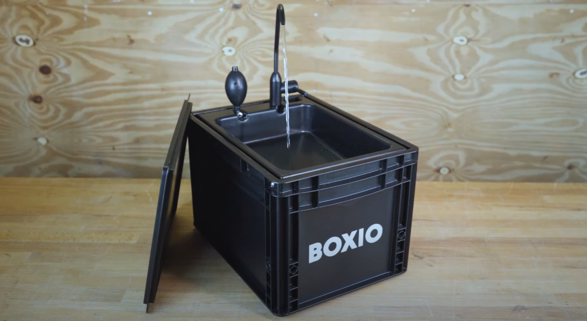 The Boxio wash station is a natural portable sink option for light campers like the Vanderer Two