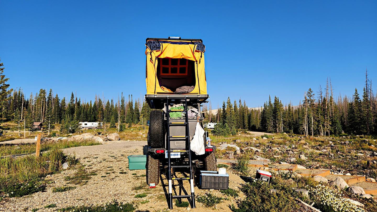 The Taxa Outdoors Woolly Bear Overland's rooftop tent option is accessible by ladder