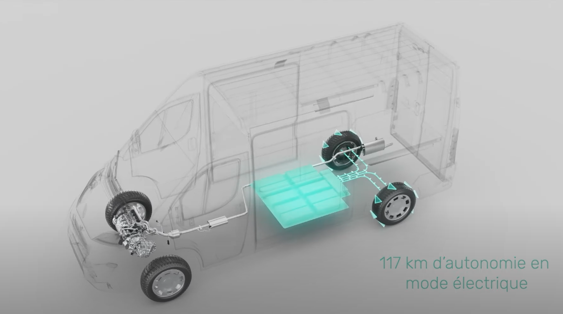The underfloor-mounted battery pack powers the rear wheels for up to 100 km (or 117 km if we believe the video still instead of Bedeo's official announcement)