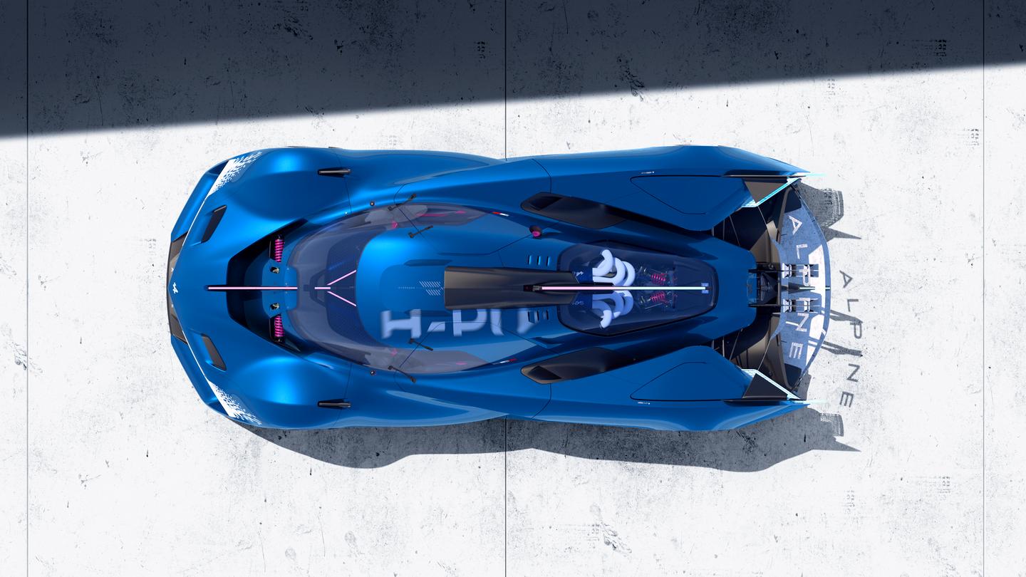 The all-new Alpenglow Hy6 showcases its cutting-edge hydrogen combustion engine with a glass cover that fits in naturally with the car's icy look