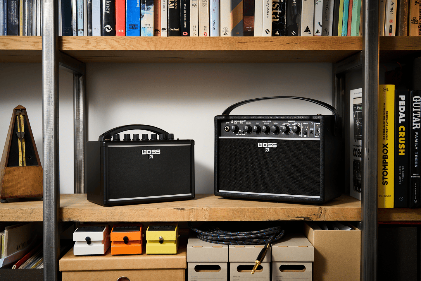 Boss says that the newest member of the Katana family has evolved from the popular Mini practice amp from 2017, seen here on the left
