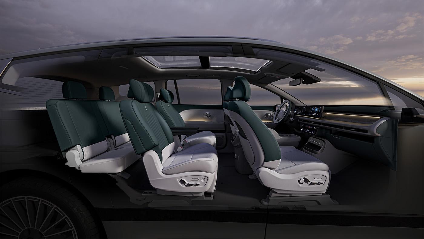 The Ioniq 9's front two rows get massage features, and can recline fully for naps at charging stations