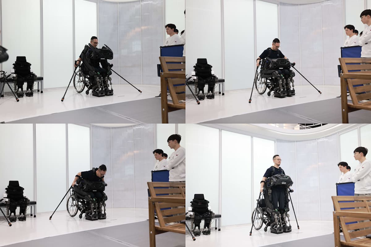 The WalkON Suit F1 exoskeleton can walk itself to a user seated in a wheelchair, install itself, help the user stand and then provide walking assist