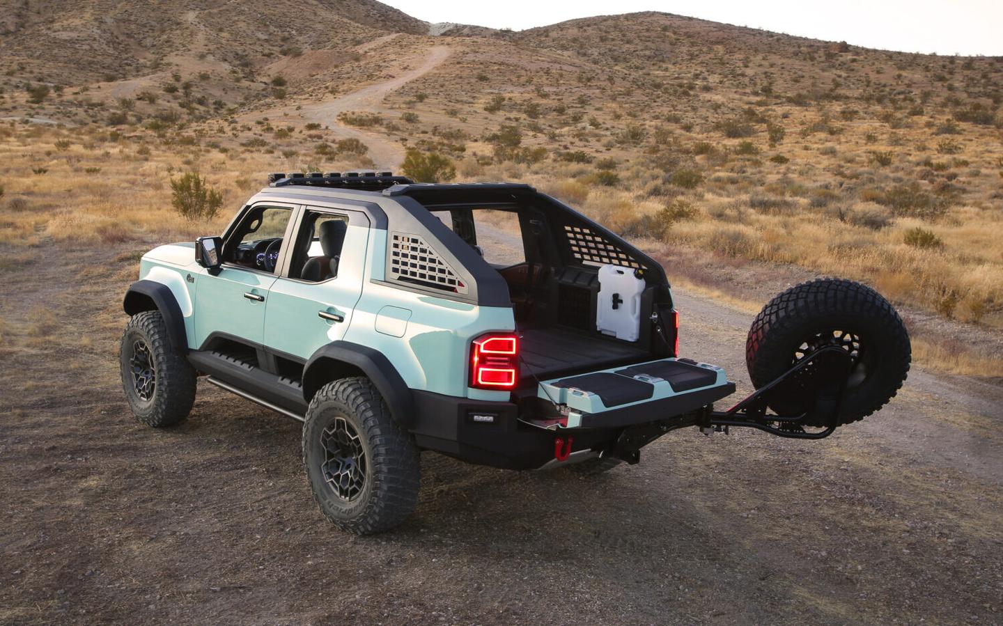 The tailgate provides comfortable seating for two people at the back.