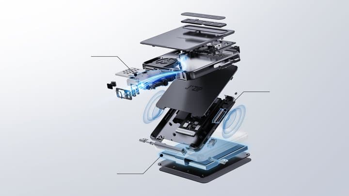 The top part hosts the pico projection module, which is attached to a mid section rocking dual speakers, and that's hinged to a battery packing base unit