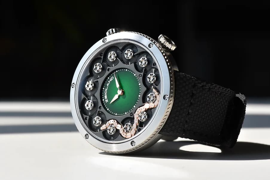 The Snake Watch is 46 mm wide by 10 mm thick