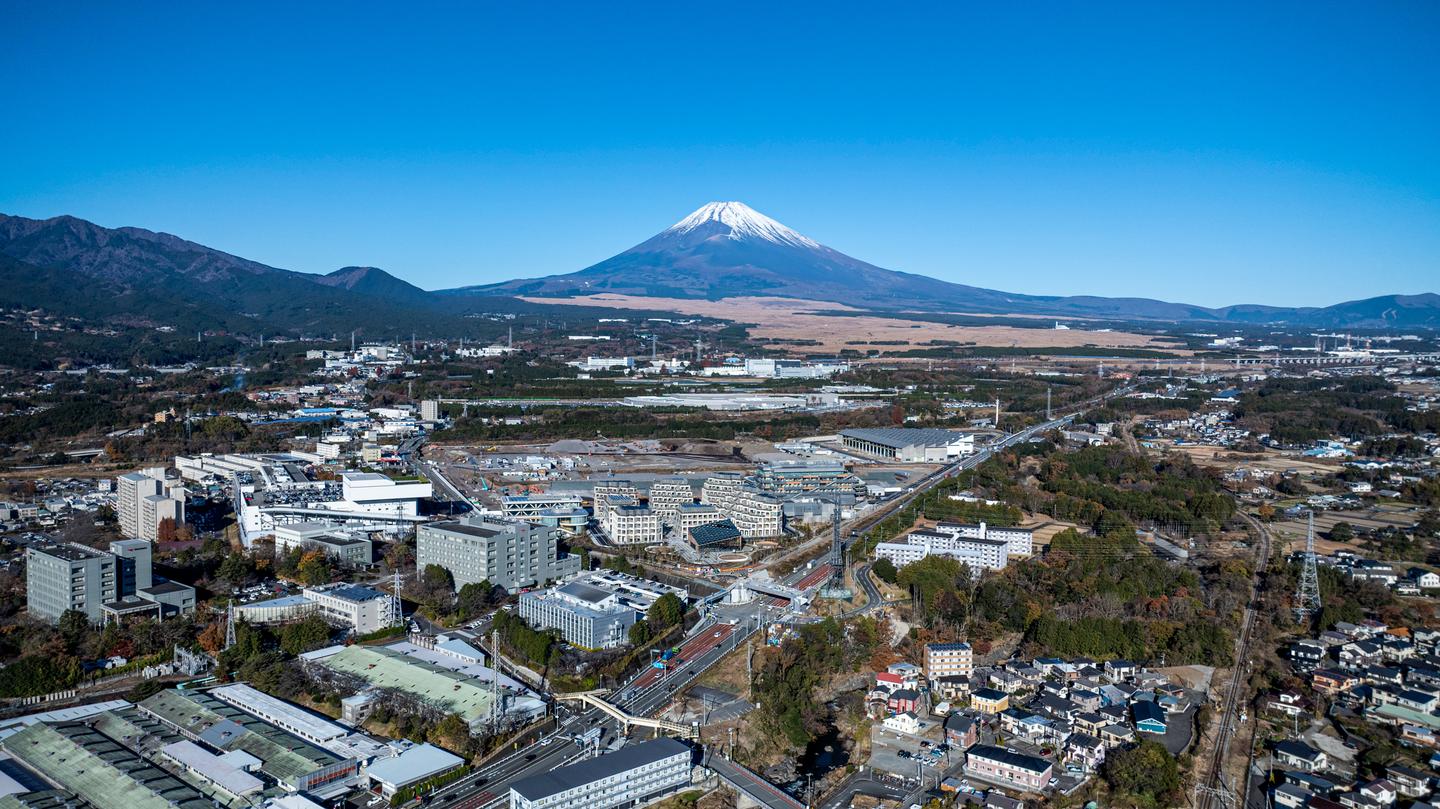 Woven City and its surroundings as of December, 2024. You can see the ongoing construction near the center, along with Mt Fuji in the background