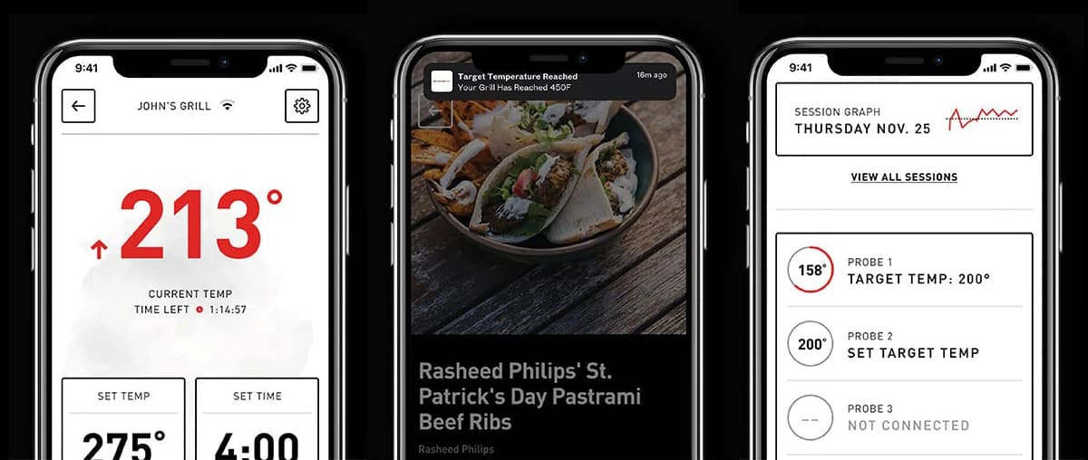 The Kamadoe Joe mobile app shows you temperatures, alerts you with notifications, and helps you monitor meat probes